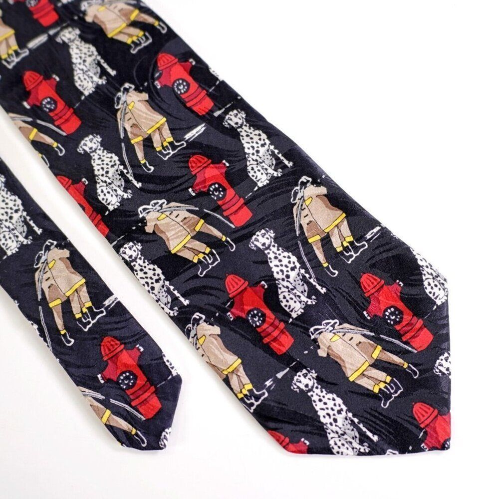 RM Style Firefighter Dalmation Black Jacqard Print Short Silk Tie‎
